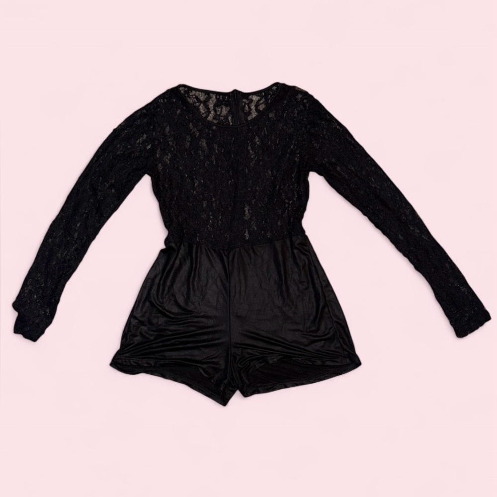 Black Lace Long Sleeve Romper Mesh Top w/ Faux Leather Shorts